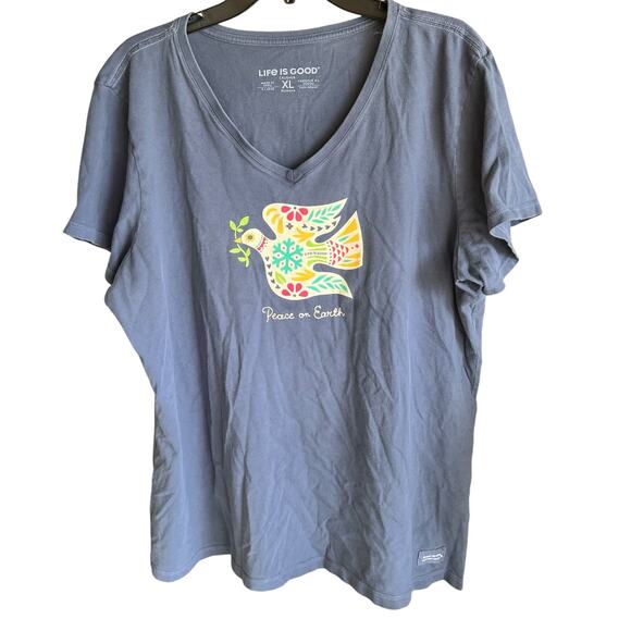 LIFE IS GOOD blue v neck women’s crusher tee Peace on Earth Turtle dove SZ XL - Picture 1 of 5